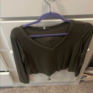 Olive Green V-Neck Long Sleeve Top